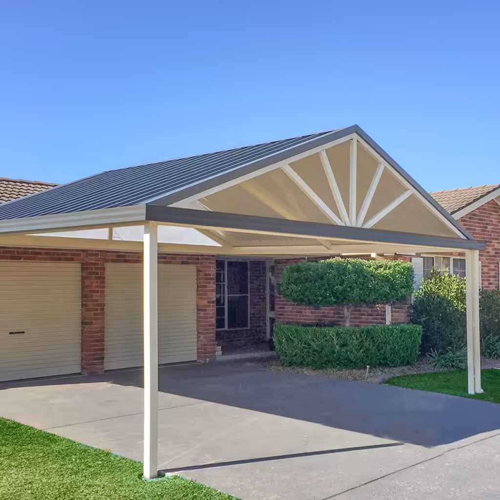 DIY attached gable roof patio in a residential area.