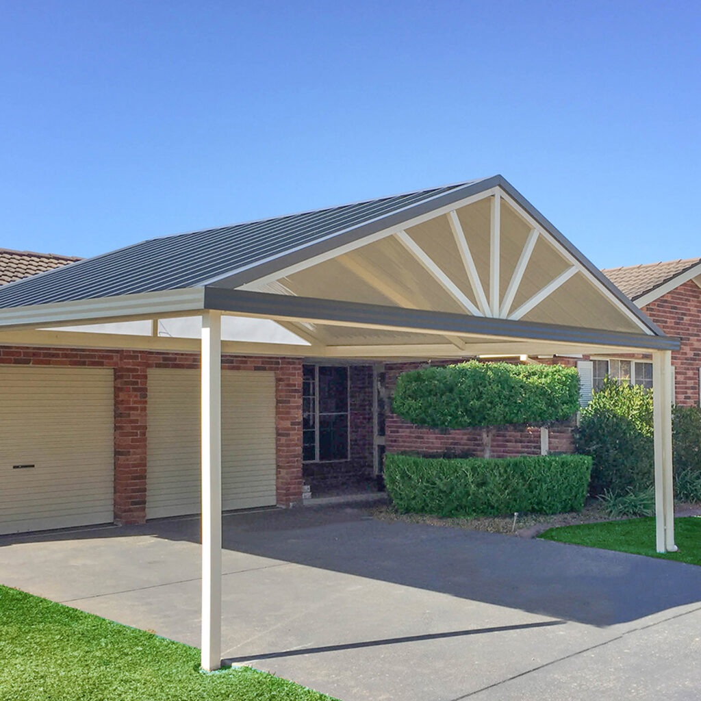 DIY attached gable roof patio in a residential area.