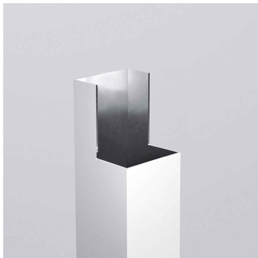 Minimalist sculpture with reflective surface.