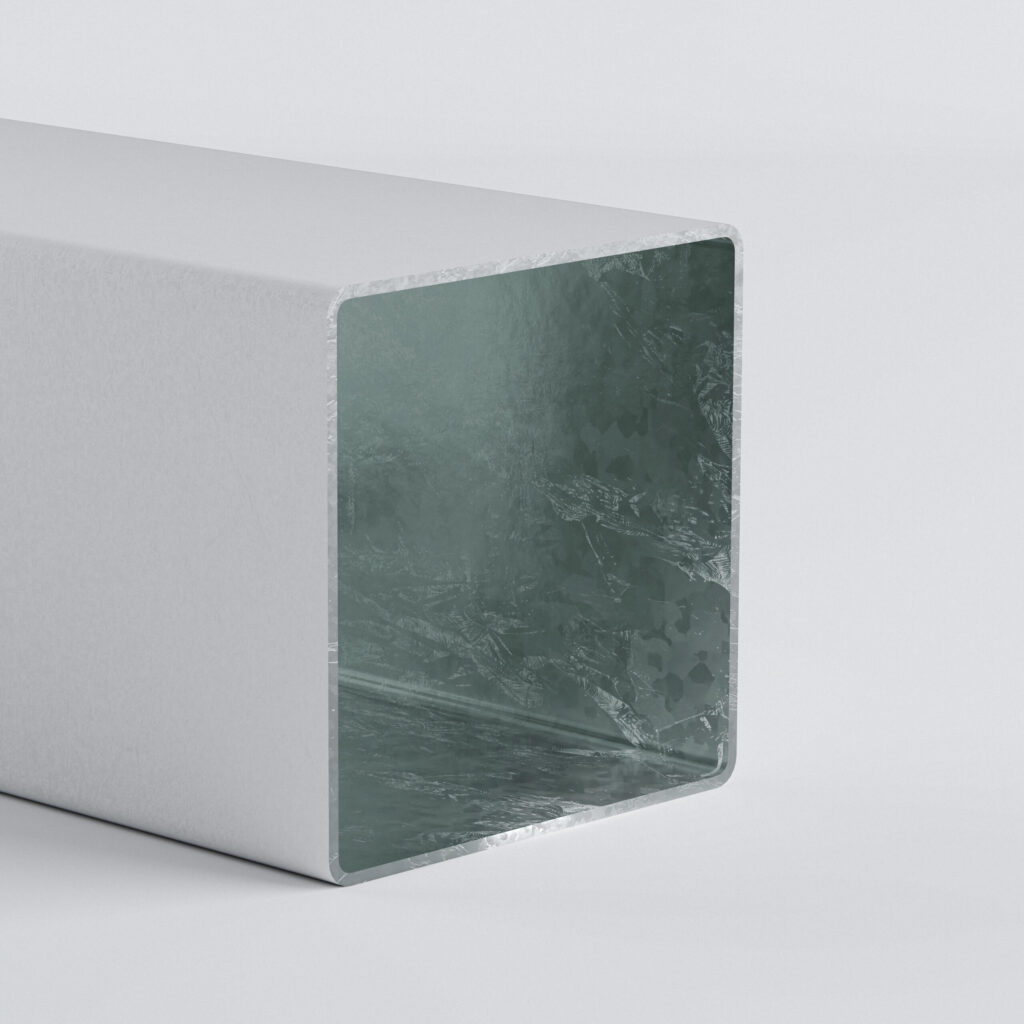 Close-up of a metallic rectangular tube section.