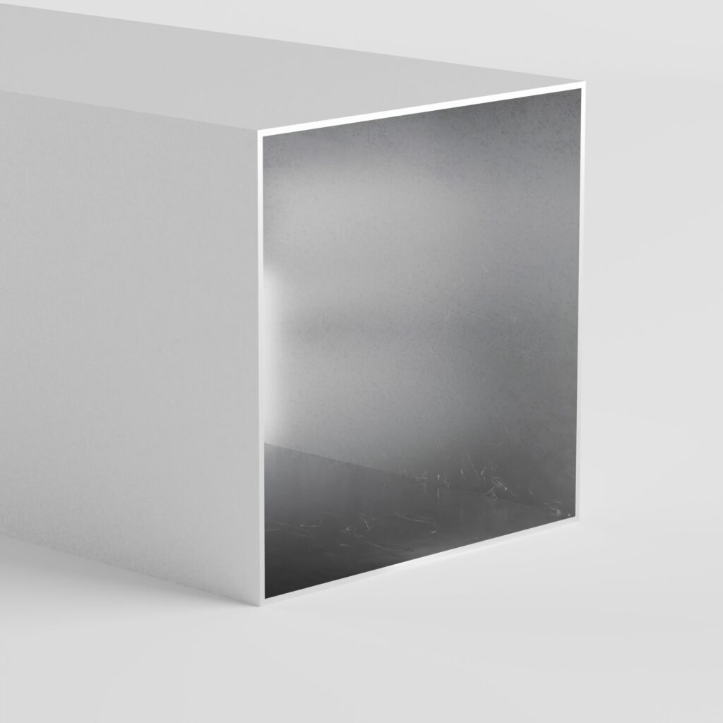 Corner view of a metallic rectangular object.