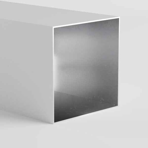 Corner view of a metallic rectangular object.