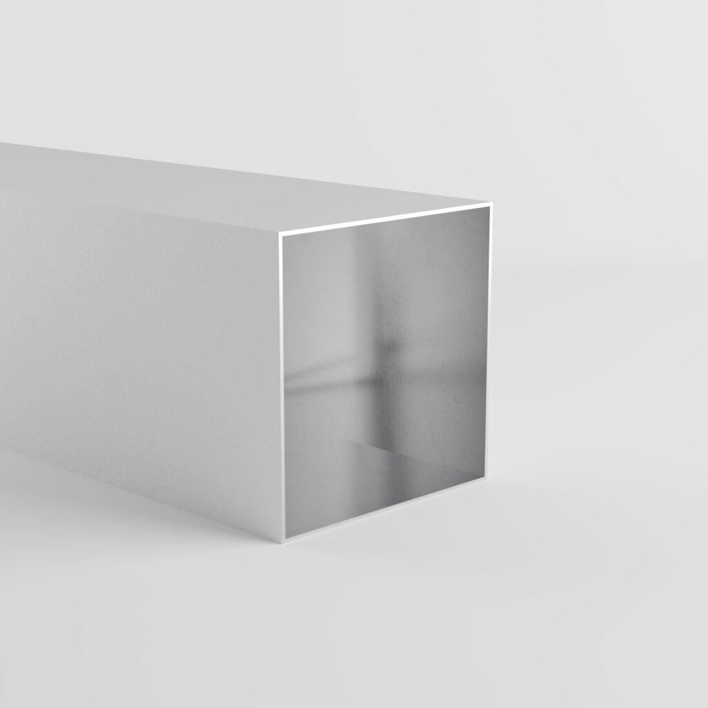 Silver rectangular hollow tube on a white background.