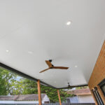 DIY attached flat roof pergola/patio's ceiling with light fixtures and fan