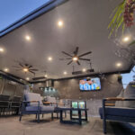 DIY attached flat roof pergola/patio area with ceiling fans