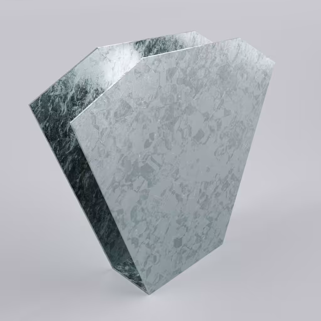 Geometric metallic sculpture with reflective surface