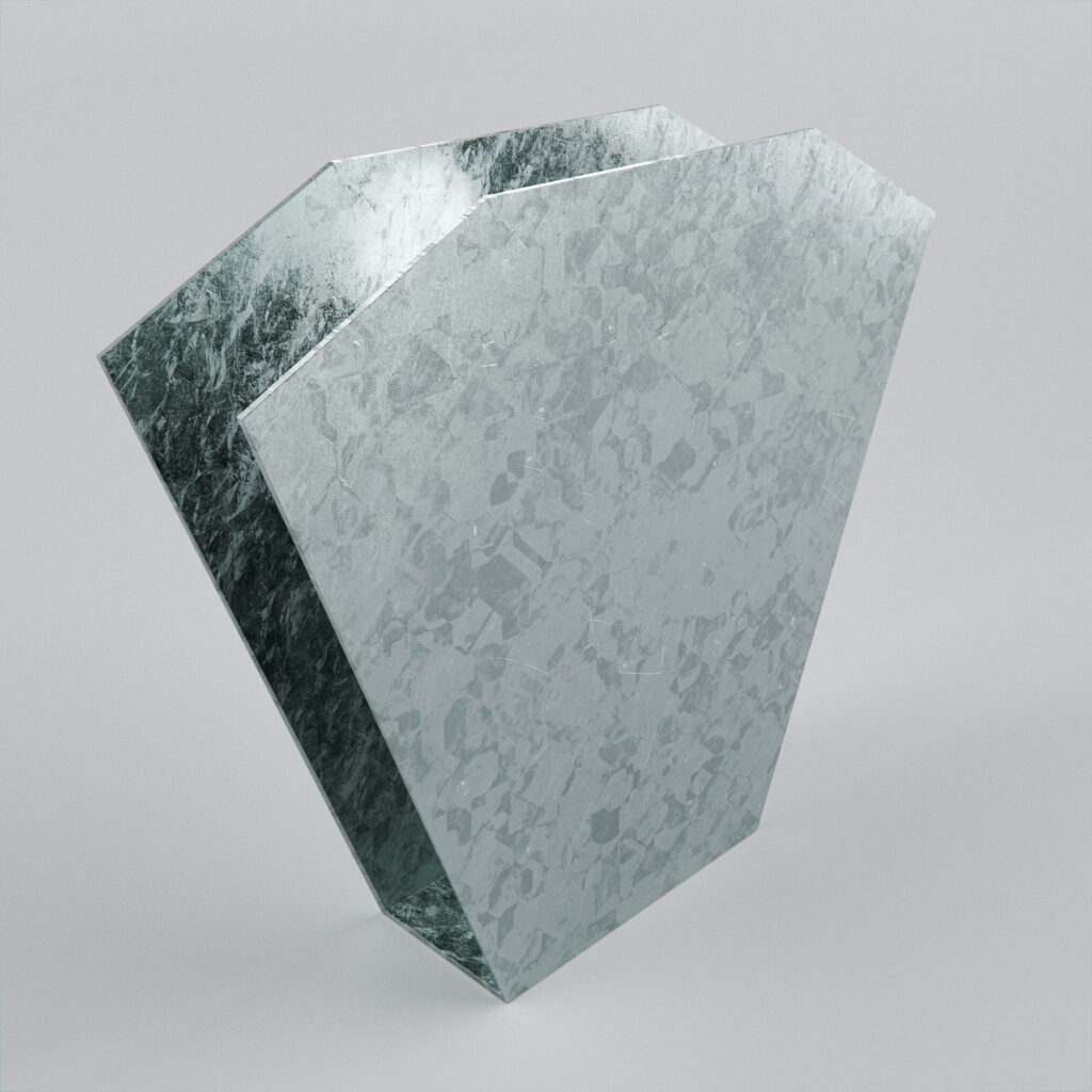 Geometric metallic sculpture with reflective surface
