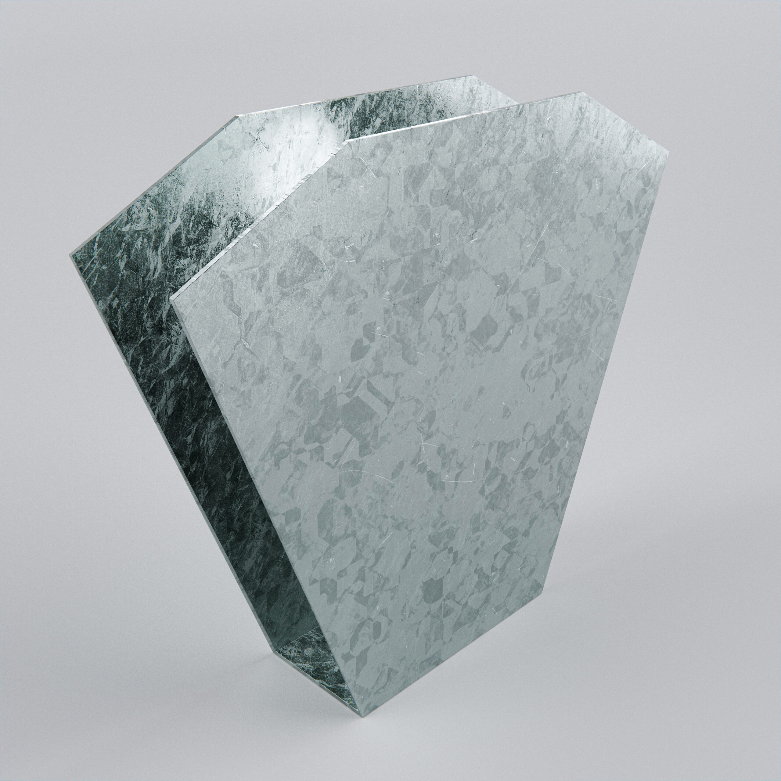 Geometric metallic sculpture with reflective surface
