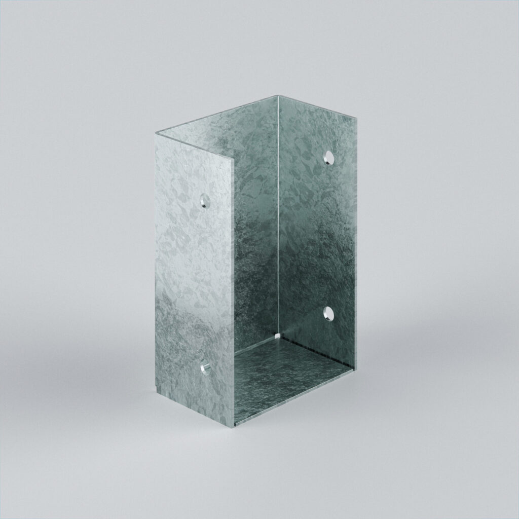 Transparent glass container with rounded edges.