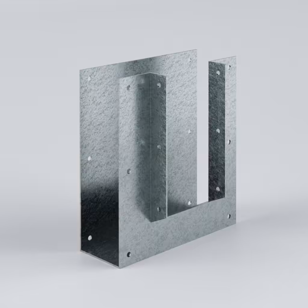 Galvanised steel bracket with multiple holes.