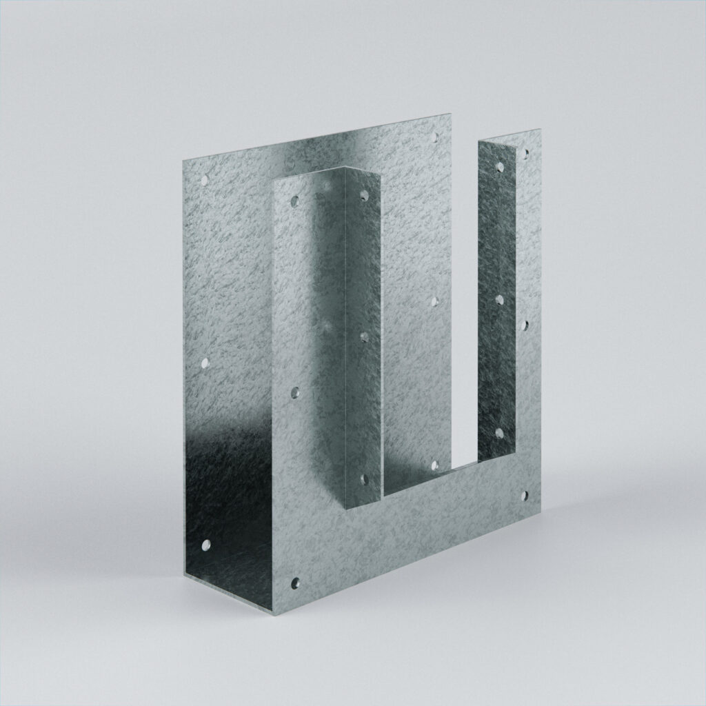 Galvanised steel bracket with multiple holes.