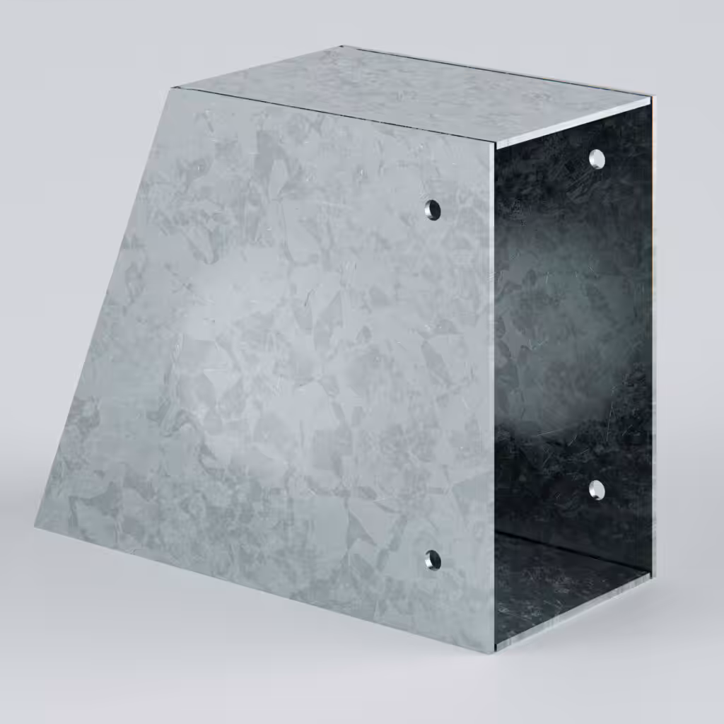 Galvanised steel bracket at an angle.