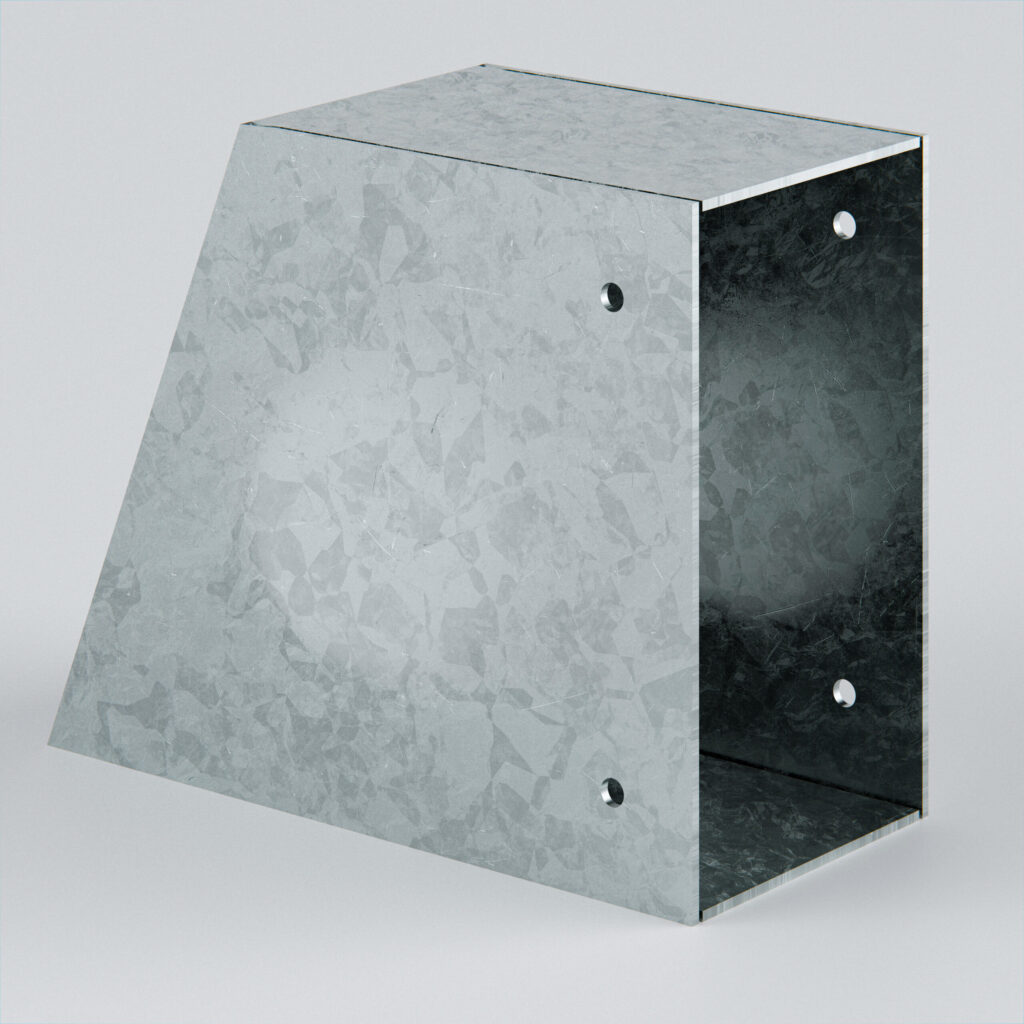 Galvanised steel bracket at an angle.