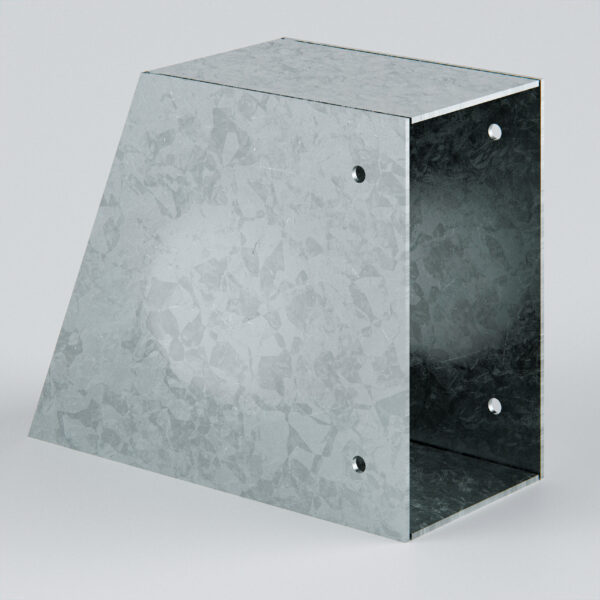 Galvanised steel bracket at an angle.
