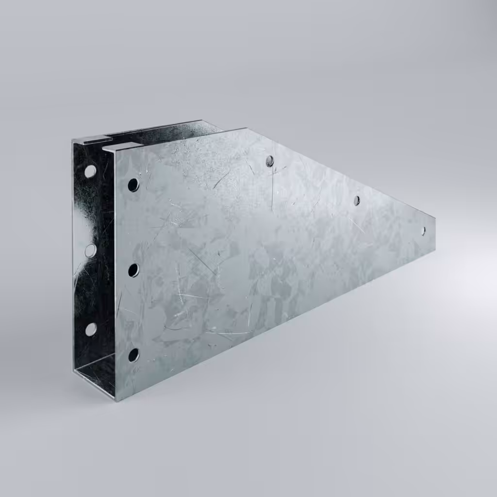 Galvanised metal bracket with multiple holes.