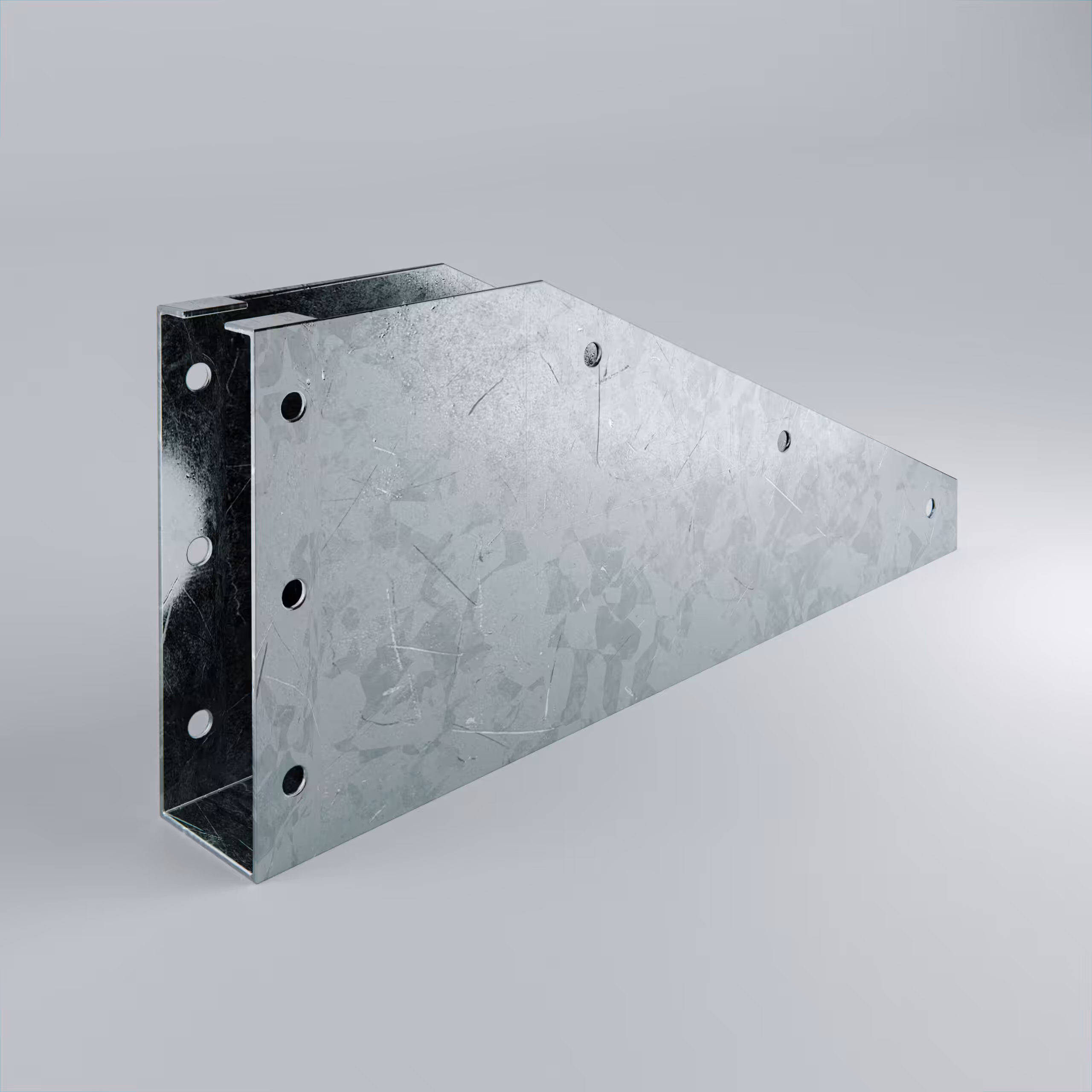 Galvanised metal bracket with multiple holes.