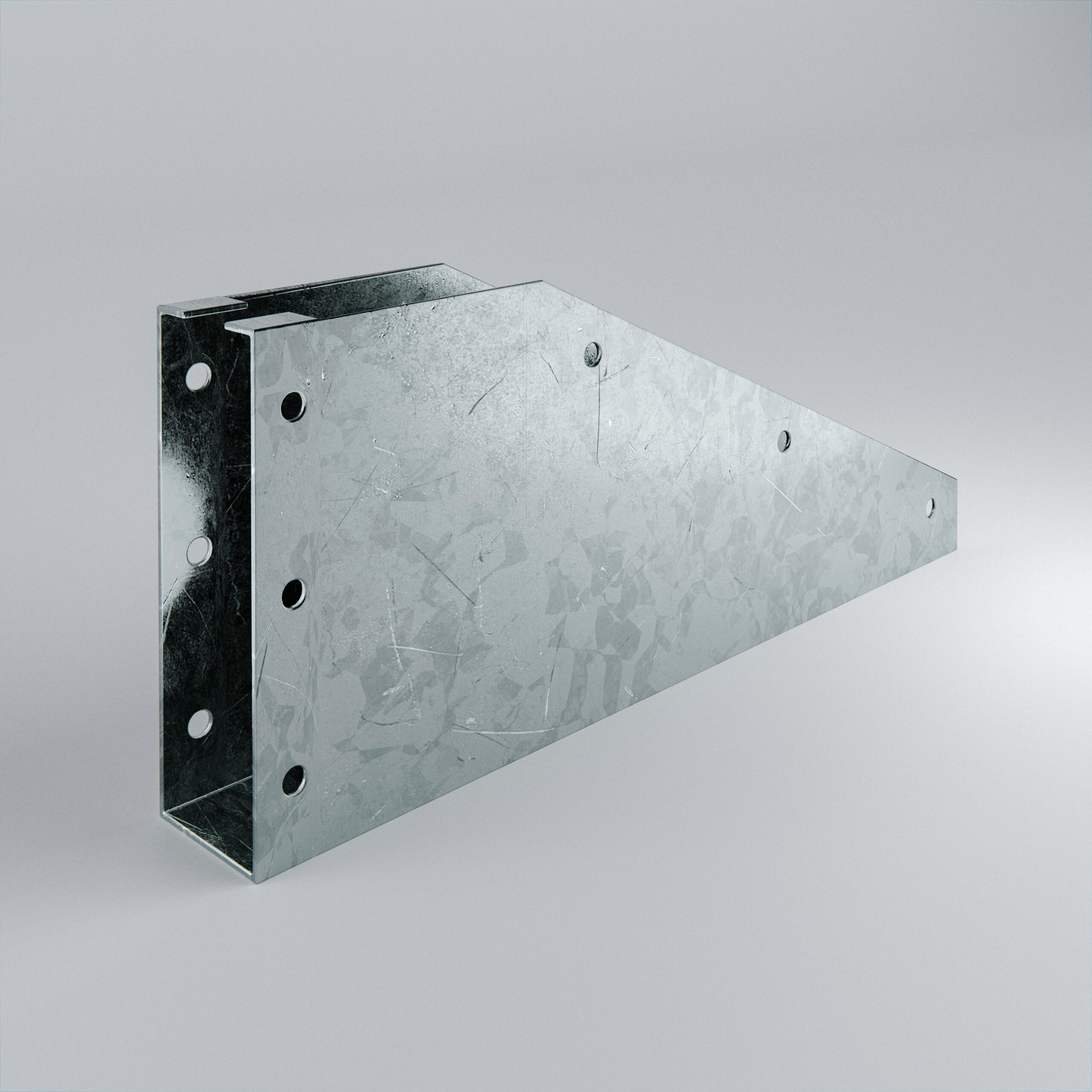 Galvanised metal bracket with multiple holes.