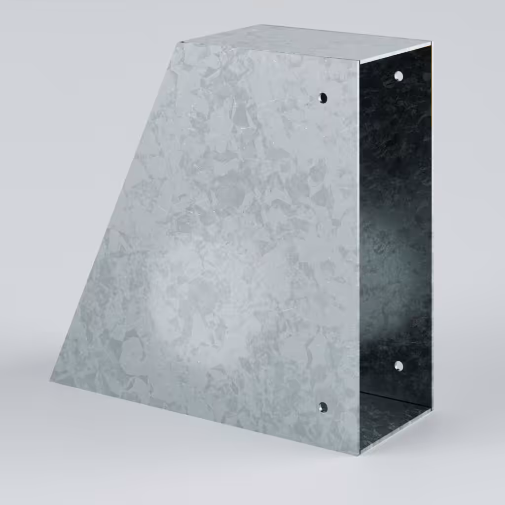 Metallic angled bracket for structural support.