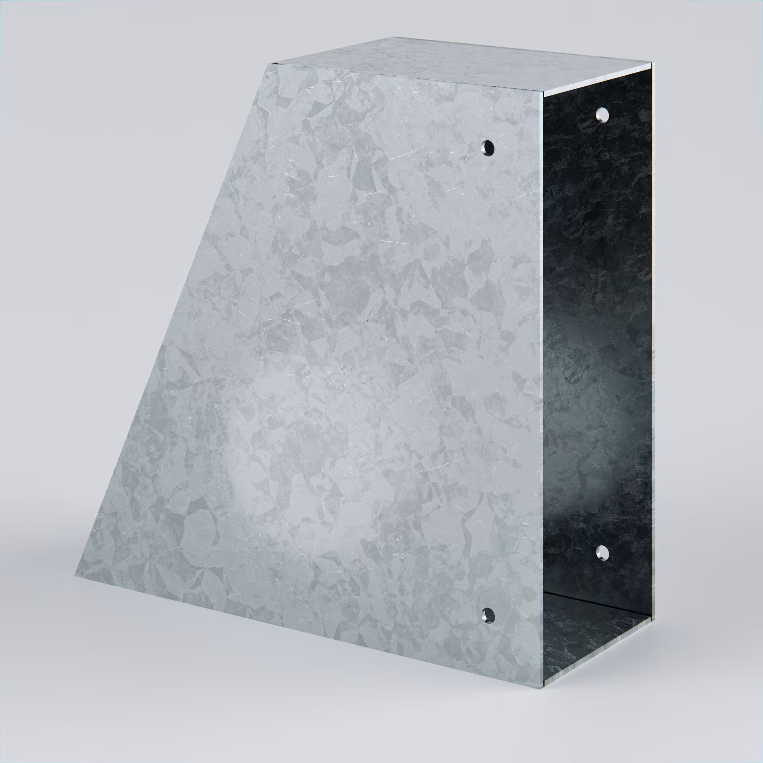Metallic angled bracket for structural support.
