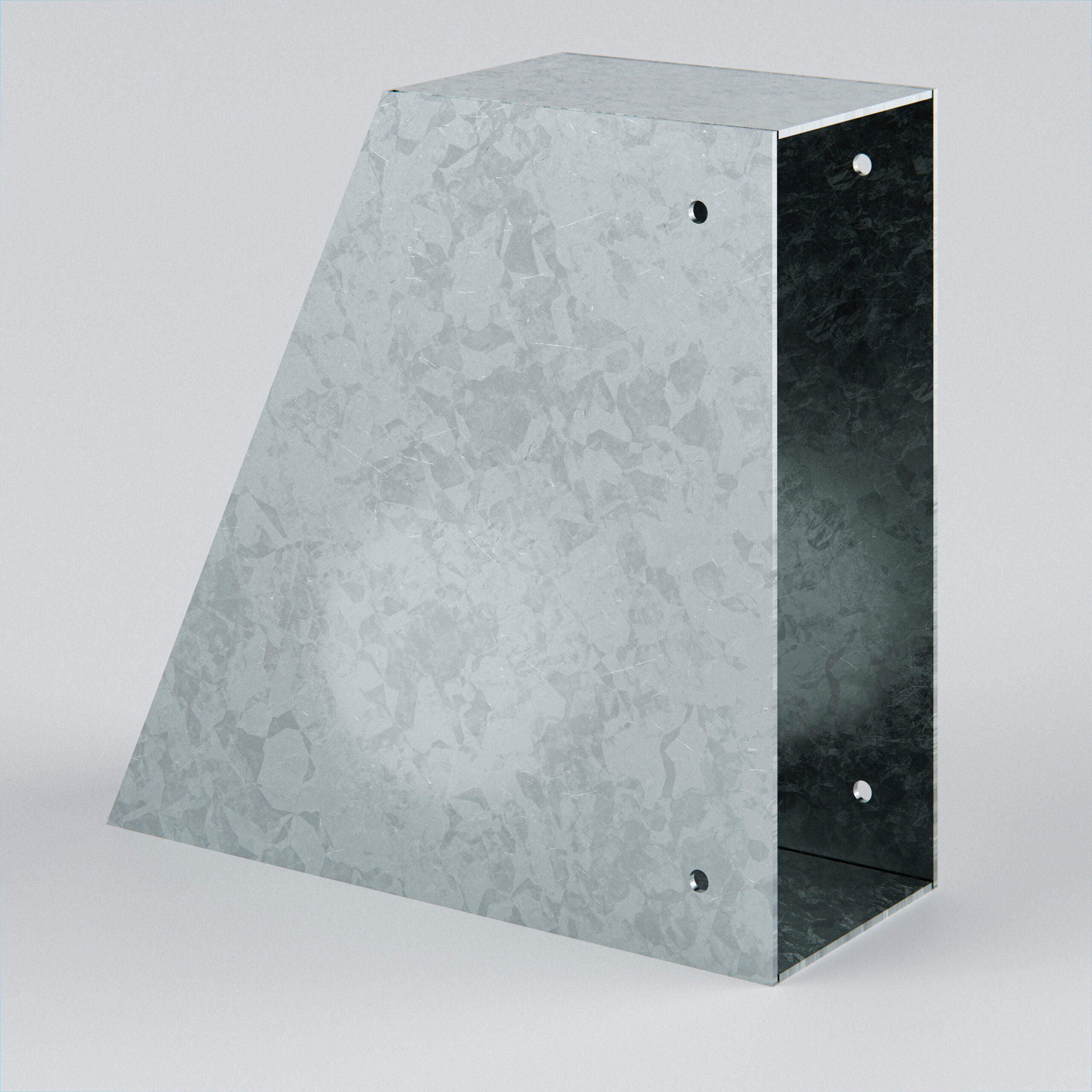 Metallic angled bracket for structural support.