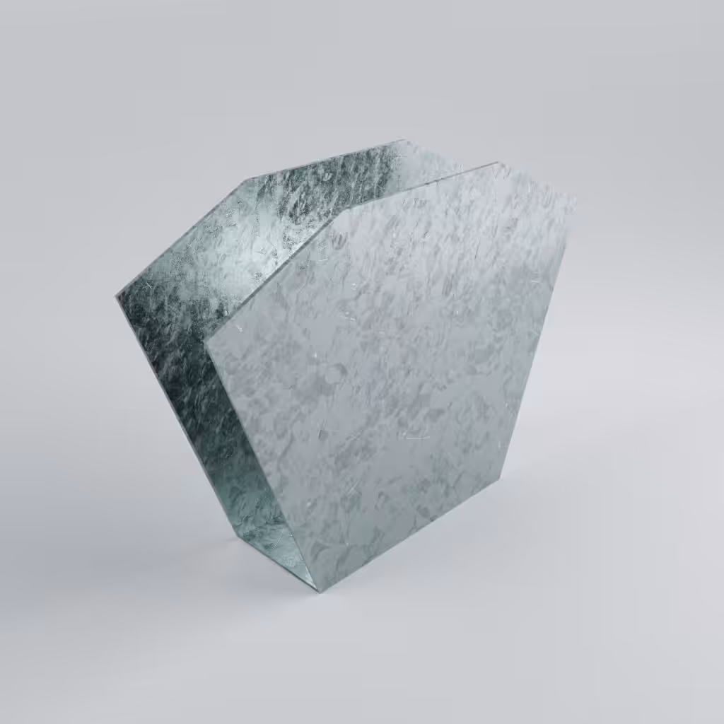 Geometric glass object with textured surface design.