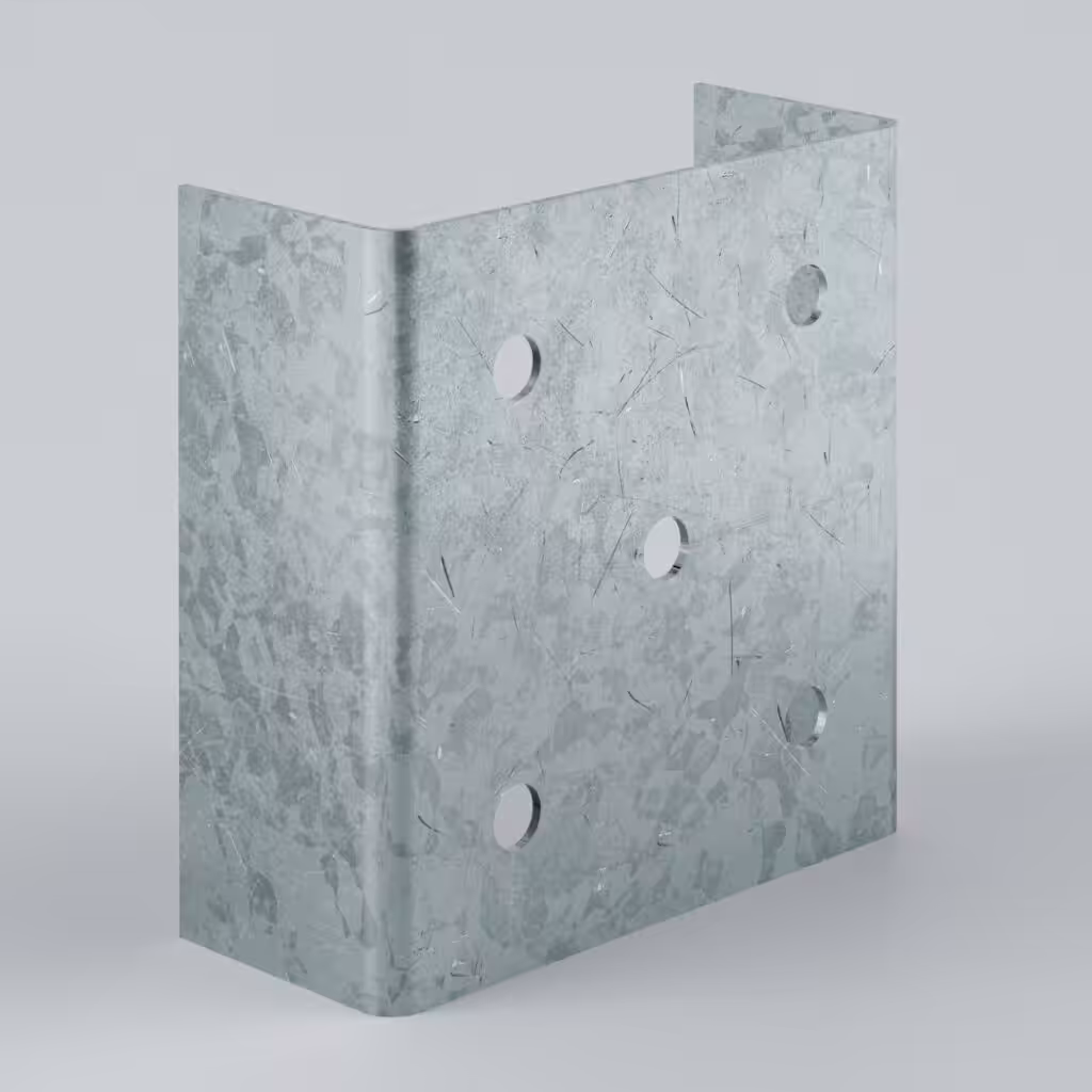 Galvanised metal bracket with multiple holes.