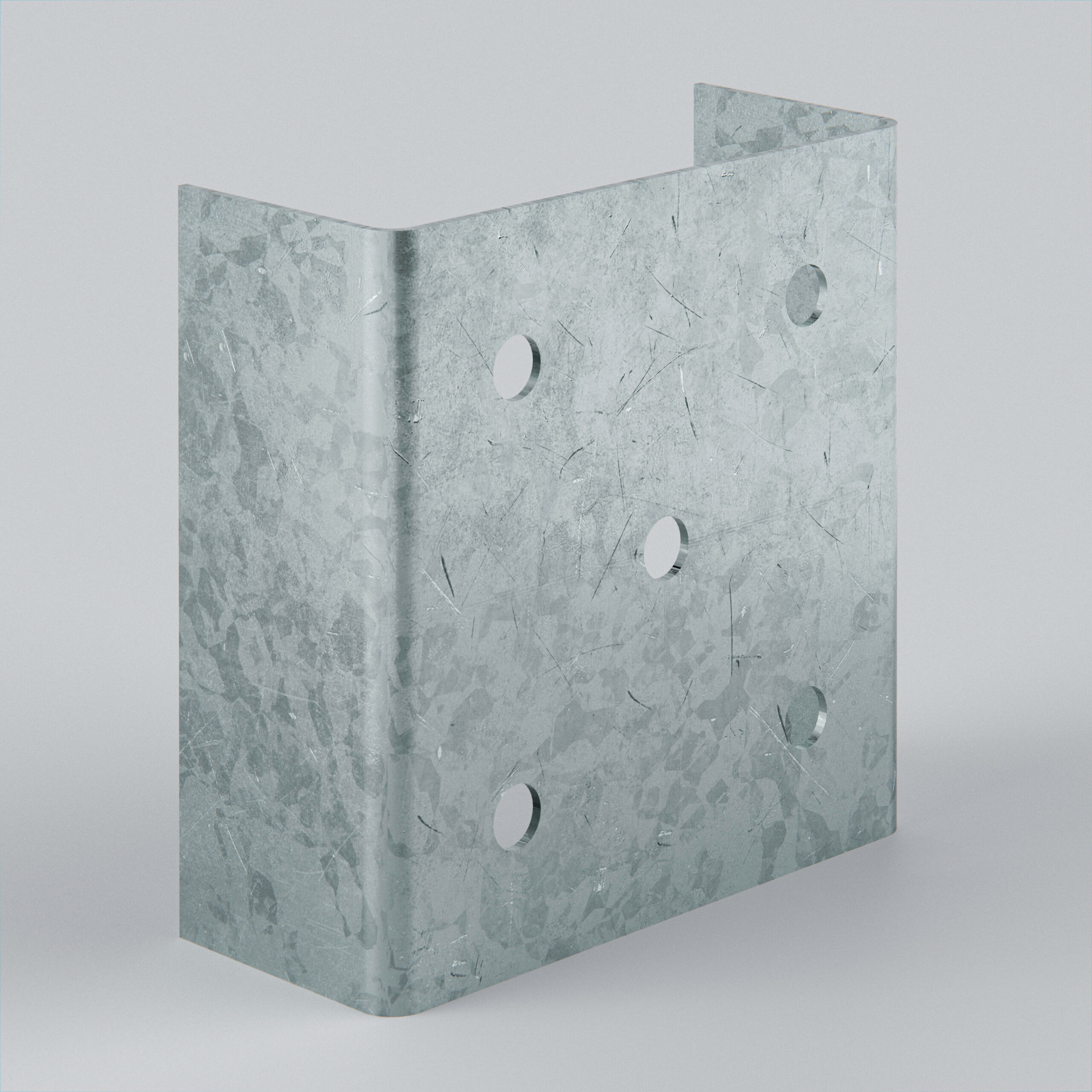 Galvanised metal bracket with multiple holes.