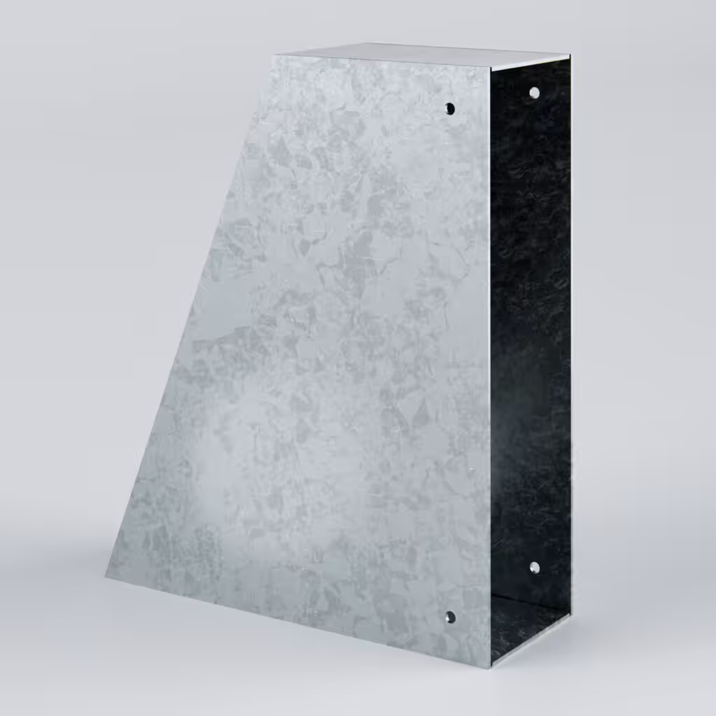 Galvanised metal object with an angled design.