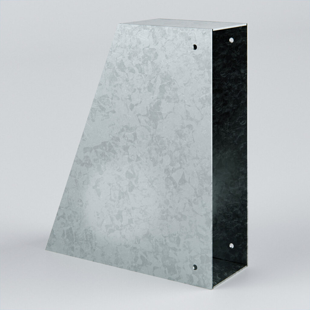 Galvanised metal object with an angled design.