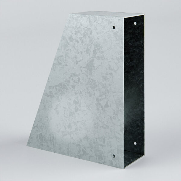 Galvanised metal object with an angled design.