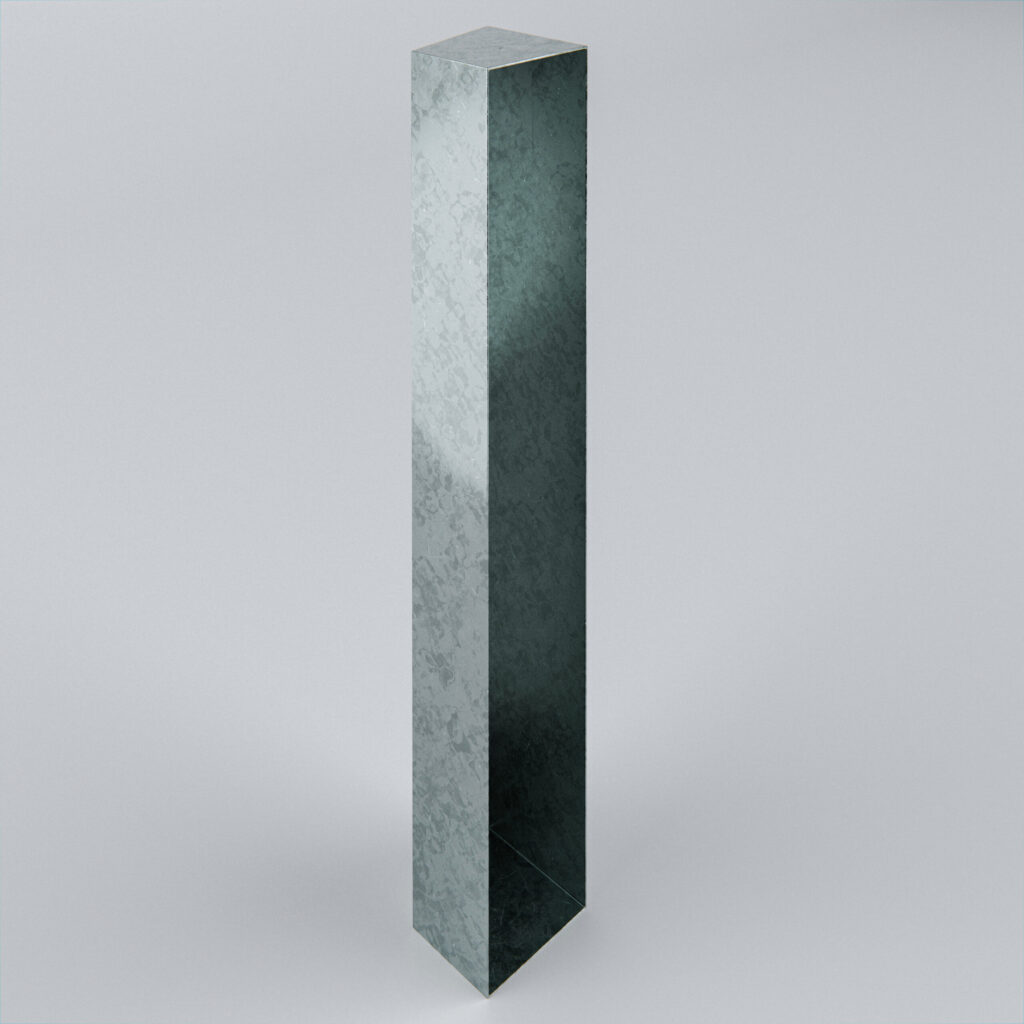 Tall, textured rectangular sculpture on grey background.