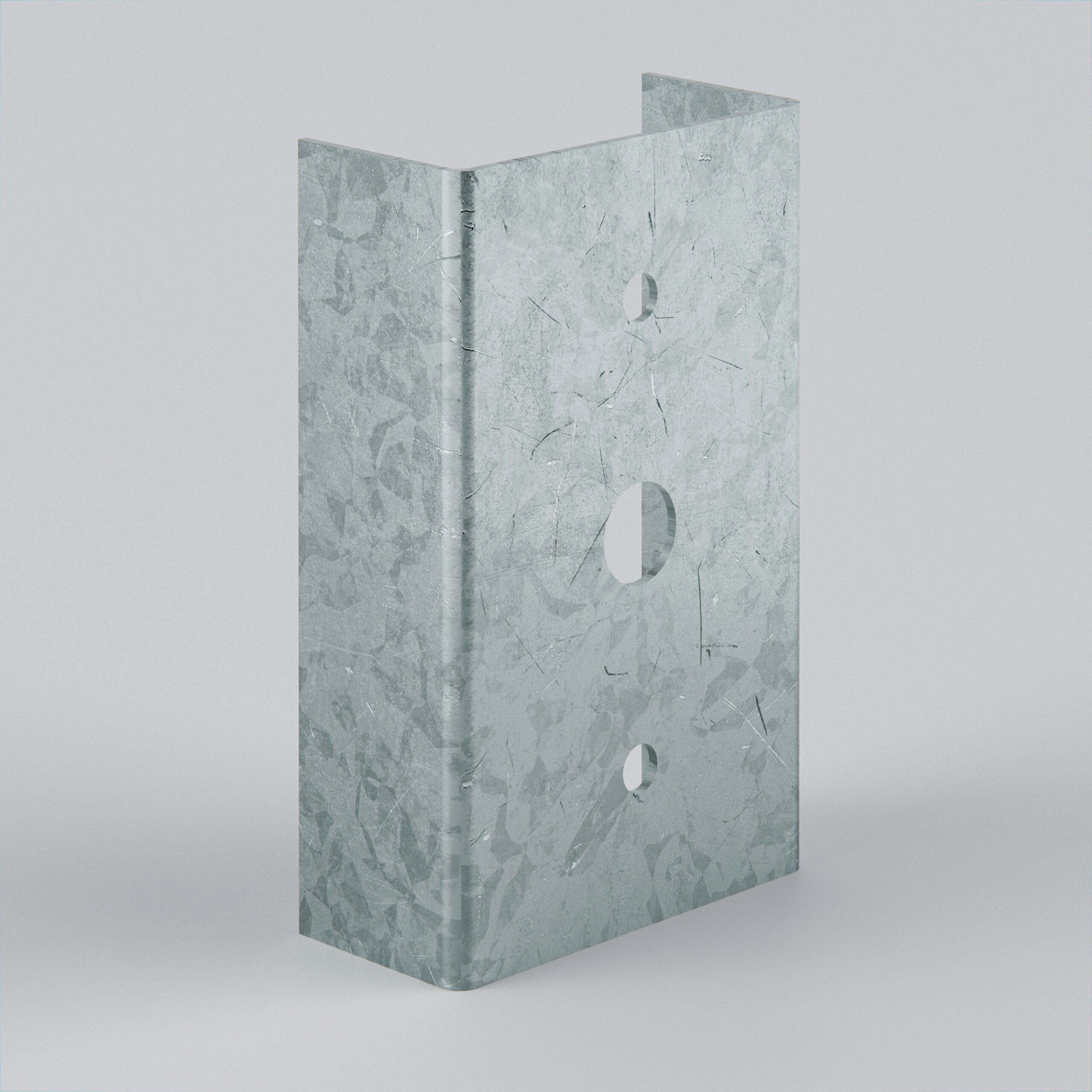 Metal bracket with holes for mounting purposes.