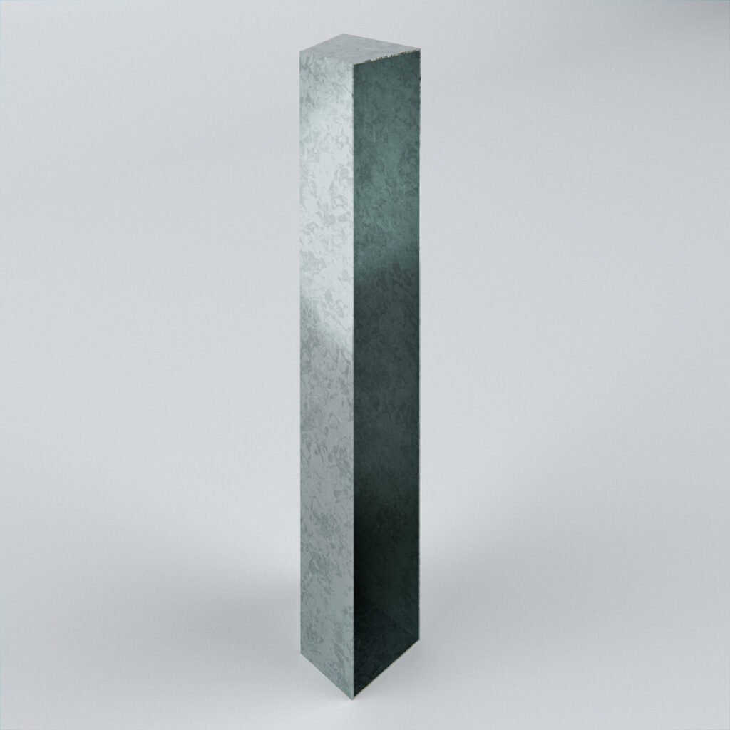 Tall rectangular metal structure on a grey background.