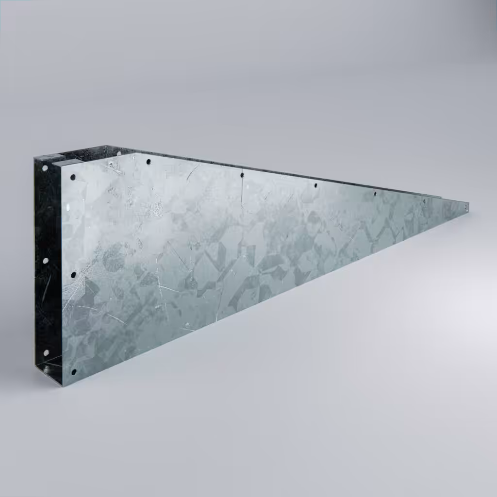 Metallic triangular sheet with mounting holes.