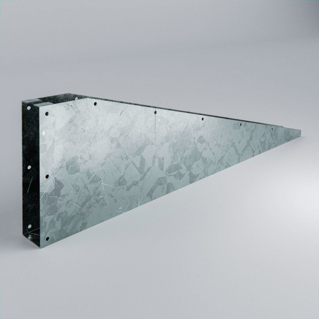 Metallic triangular sheet with mounting holes.