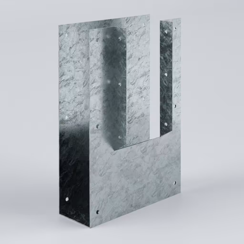 Metal bracket with multiple holes for fastening.