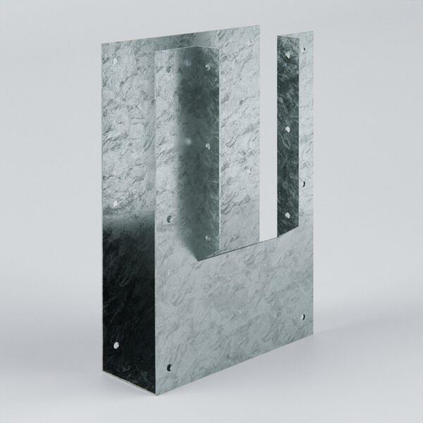 Metal bracket with multiple holes for fastening.