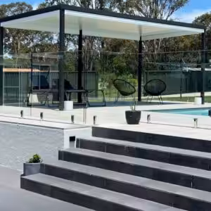 Outdoor patio with pool and modern seating