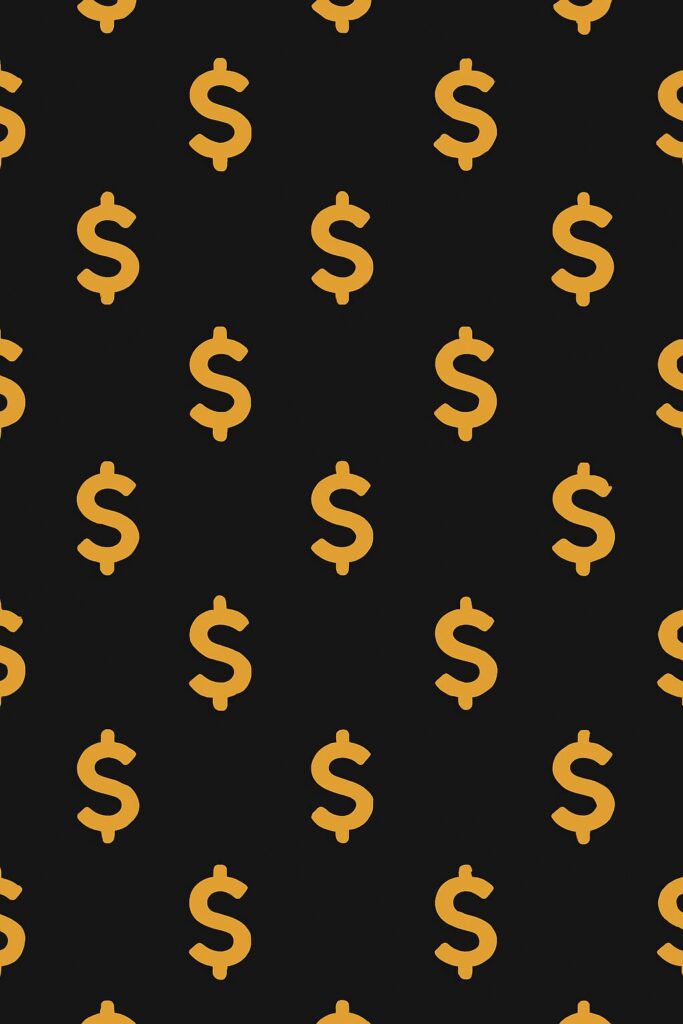 Pattern of gold dollar signs on black background