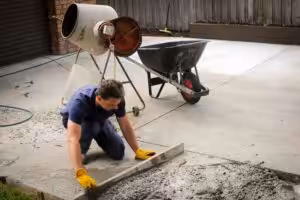 Man smoothing concrete on a construction site.
